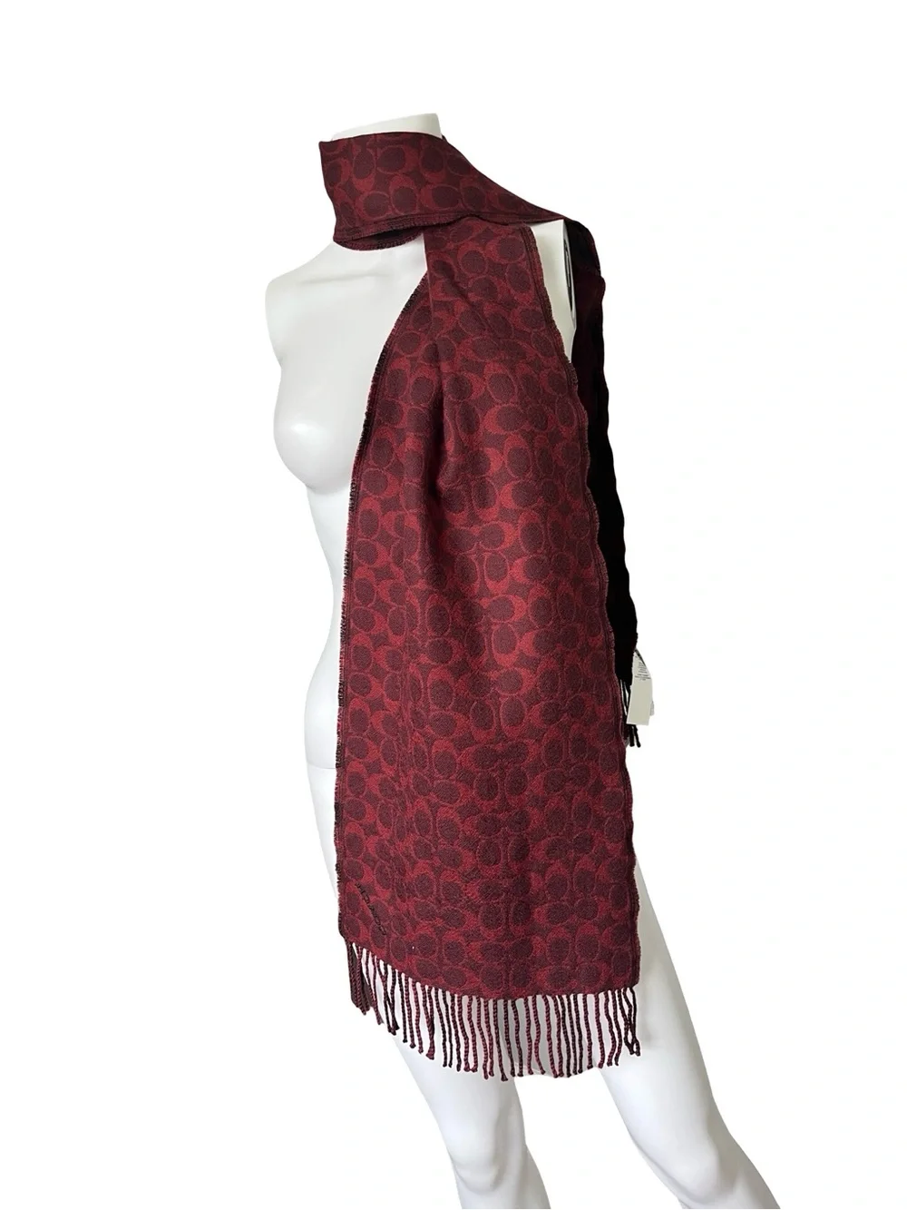 NEW Coach Scarf Reversible Signature Plaid Monogram Wool Fringe Oxblood - Picture 9 of 9